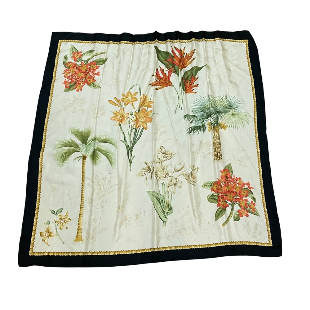 Echo Silk Scarf Tropical Palm Tree Floral Botanical Black Border Square 34x34